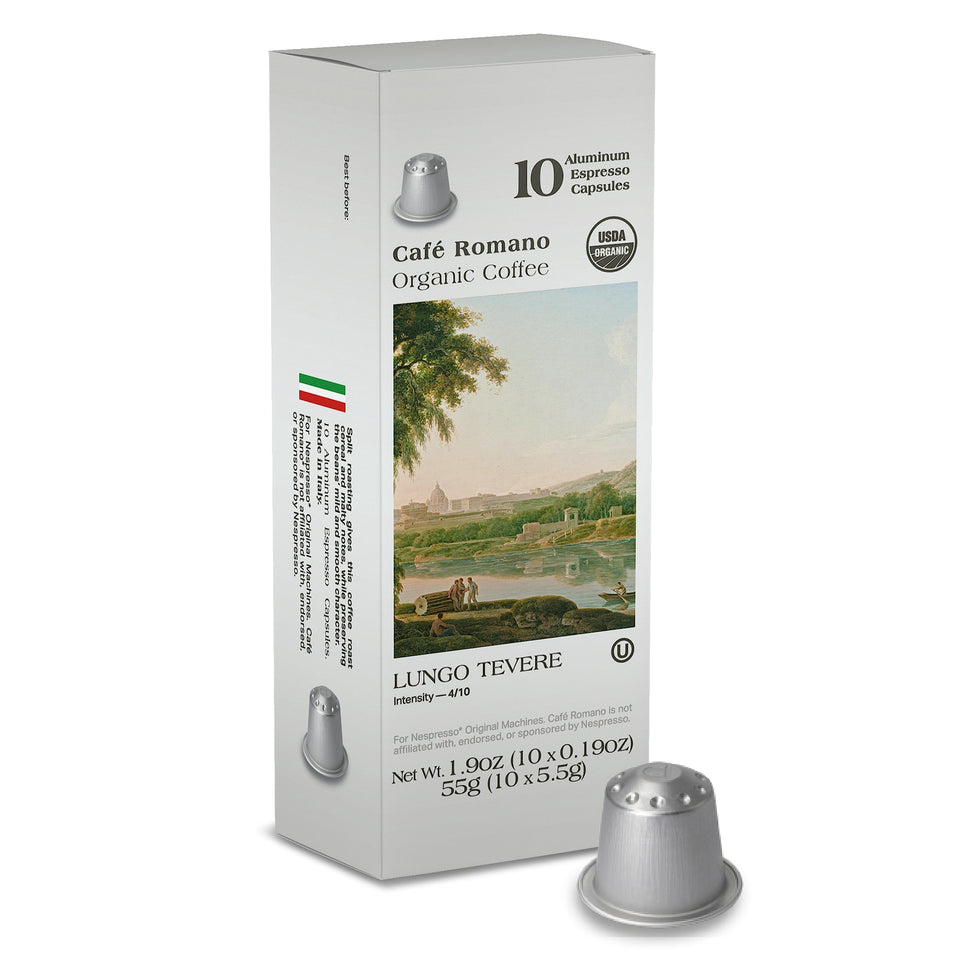 Cafe Romano organic espresso pods for Nespresso Original, packaging ready for quick mornings.