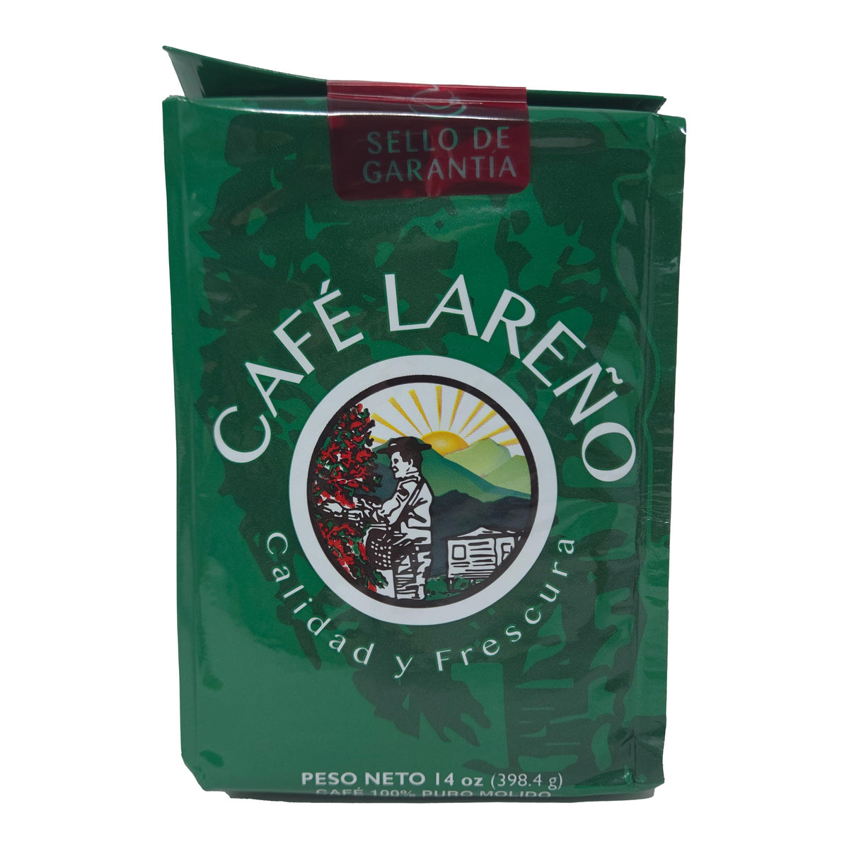 Café Lareño green packaging featuring logo, signaling freshness and Puerto Rico heritage.