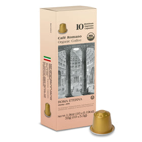 Café Romano organic espresso pods for Nespresso Original pack, a convenient 100-count supply.