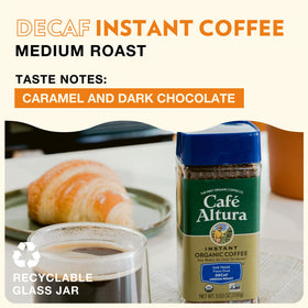 Cafe Altura Decaf jar back highlights organic certification and sustainable sourcing