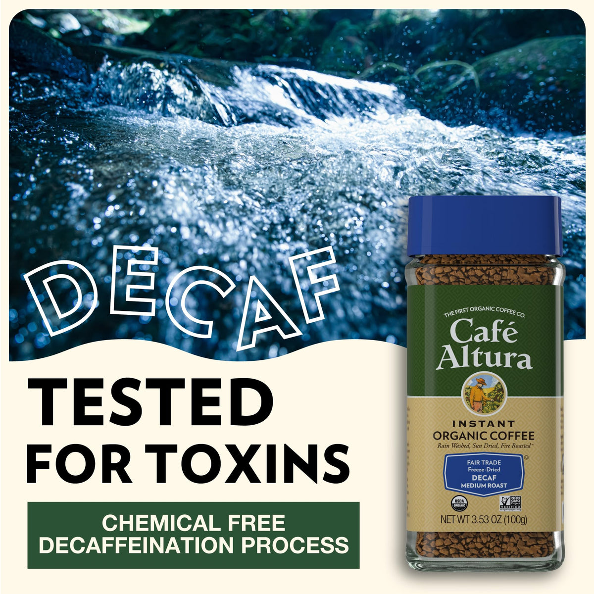 Cafe Altura Decaf organic certifications label confirms organic Non-GMO and Fair Trade