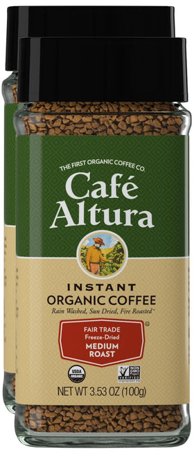 Cafe Altura freeze-dried instant coffee jar highlights premium flavor and convenience.