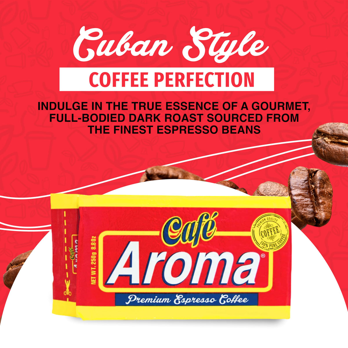 Cafe Aroma dark roast ground coffee ideal for espresso brewing.