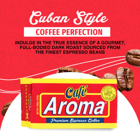 Cafe Aroma dark roast ground coffee ideal for espresso brewing.