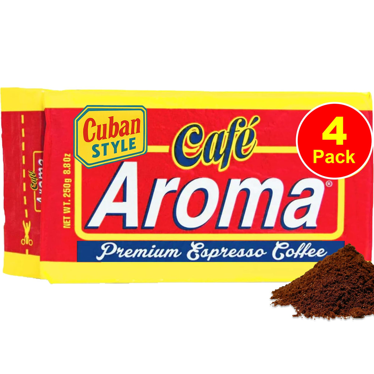 Cafe Aroma vacuum-sealed four-pack preserves peak freshness for rich coffee.