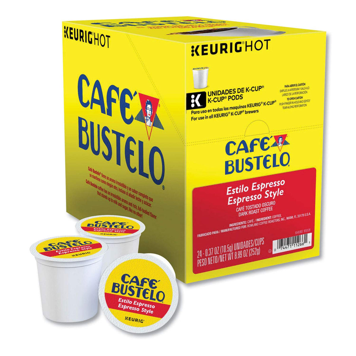 Cafe Bustelo 96-count box visible, convenient bulk packaging for daily espresso-style brewing.