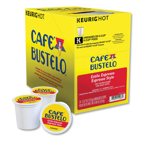 Cafe Bustelo 96-count box visible, convenient bulk packaging for daily espresso-style brewing.
