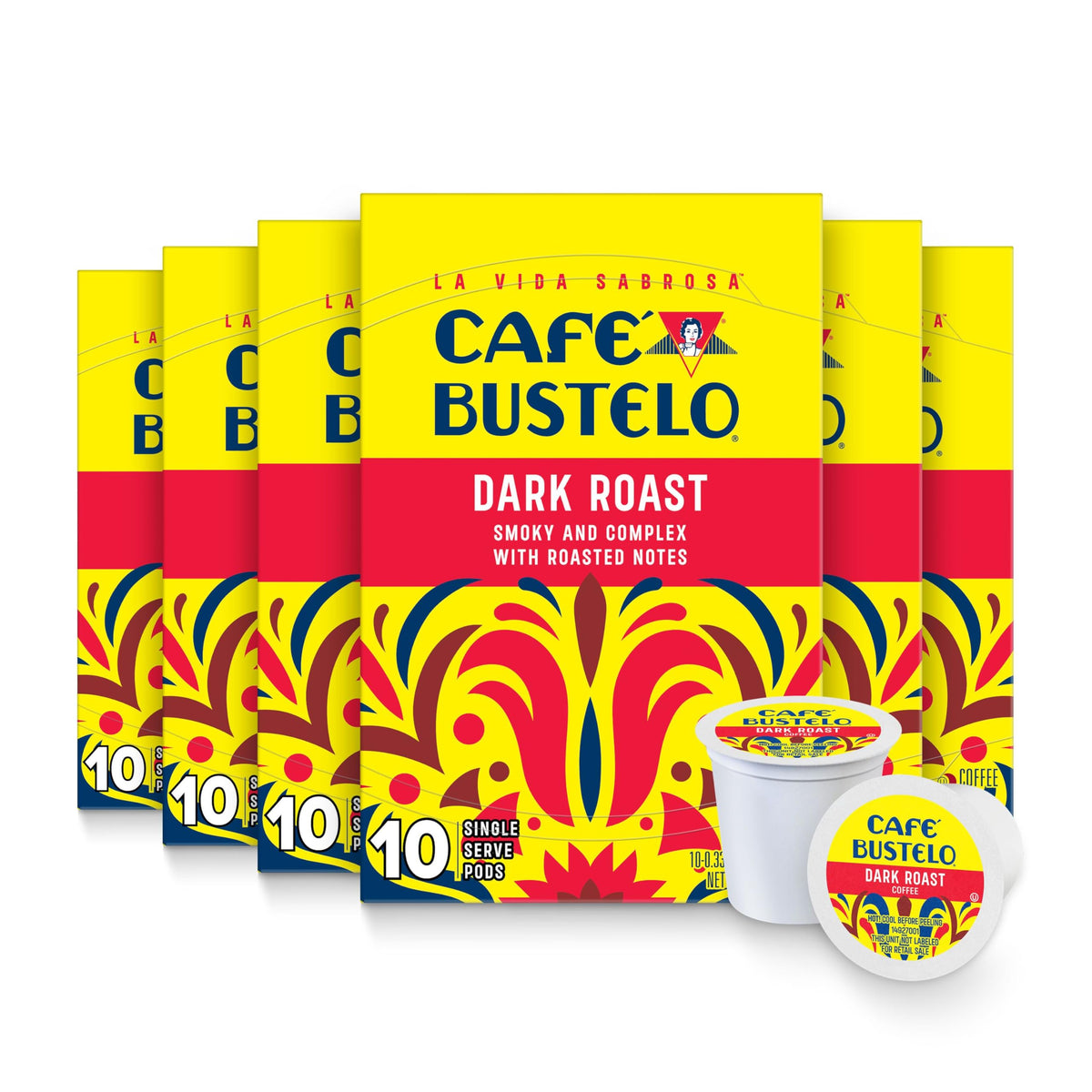Cafe Bustelo dark roast pods in six-box pack ready for quick mornings.