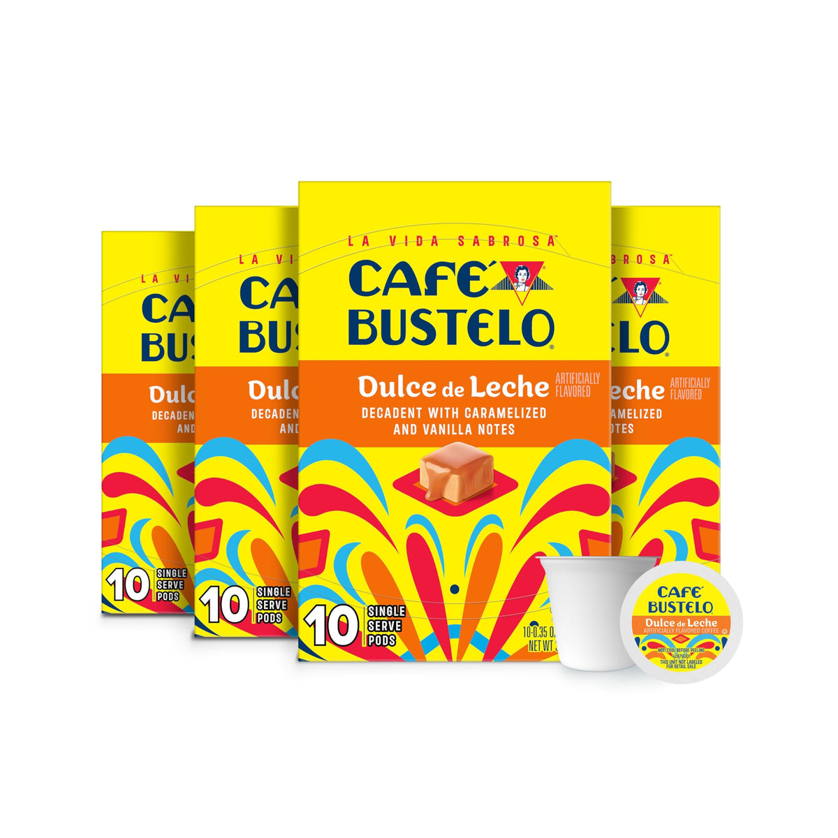 Cafe Bustelo Dulce de Leche pods in boxes, bold aromas for Latin-inspired mornings.