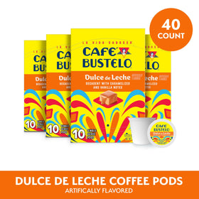 Six-box Cafe Bustelo Dulce de Leche display for daily use.