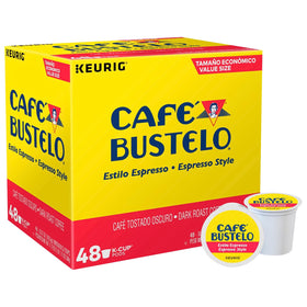 Cafe Bustelo Espresso Roast K-Cup packs front view for quick, bold espresso at home.