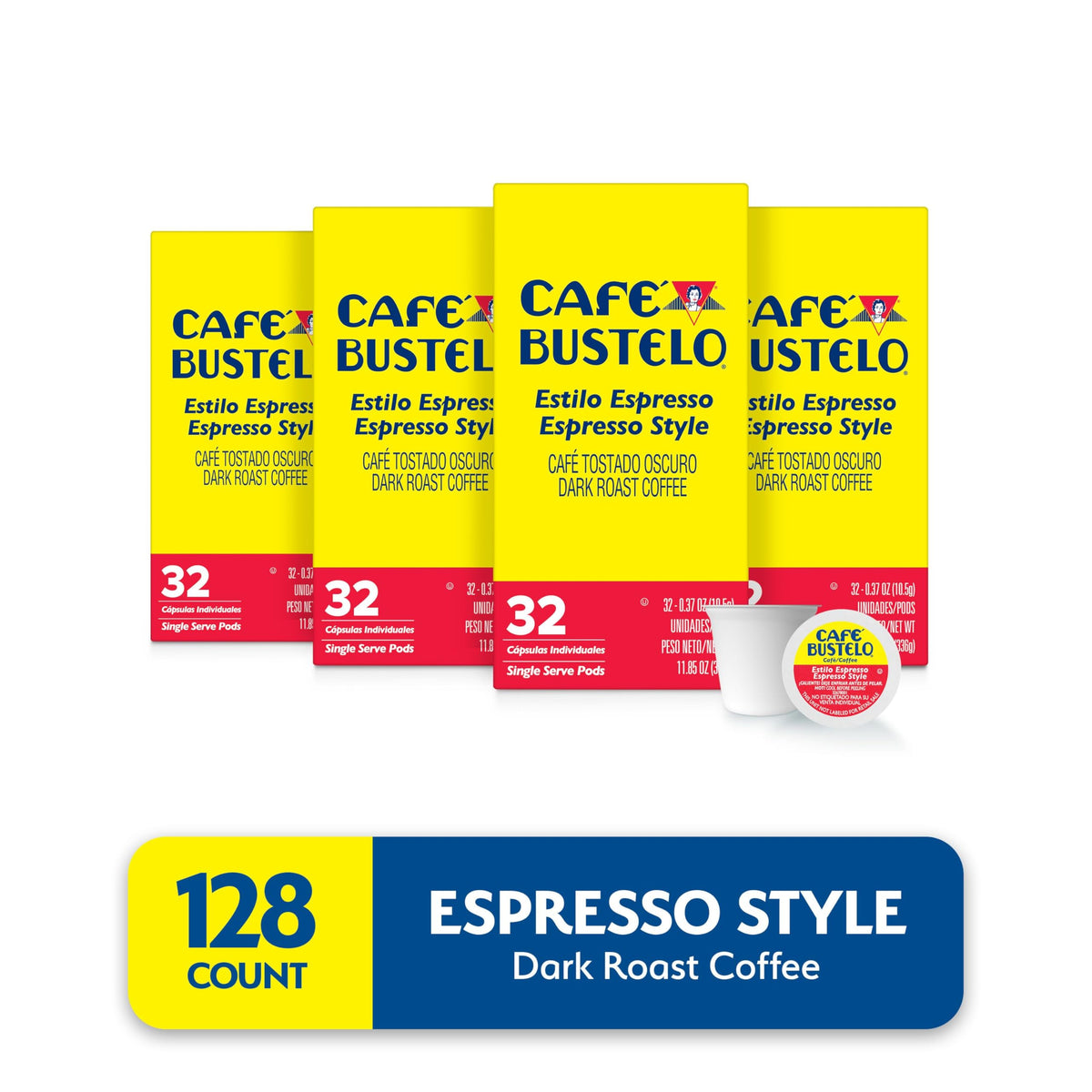 Cafe Bustelo espresso-style dark roast pods and cup, enjoy a robust brew