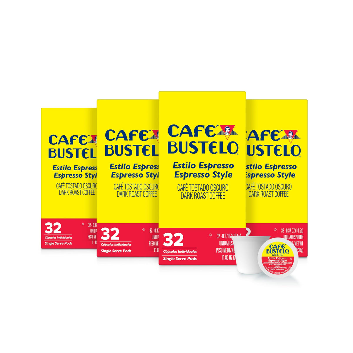 Cafe Bustelo espresso-style dark roast pods box, ready for bold mornings