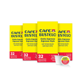 Cafe Bustelo espresso-style dark roast pods box, ready for bold mornings