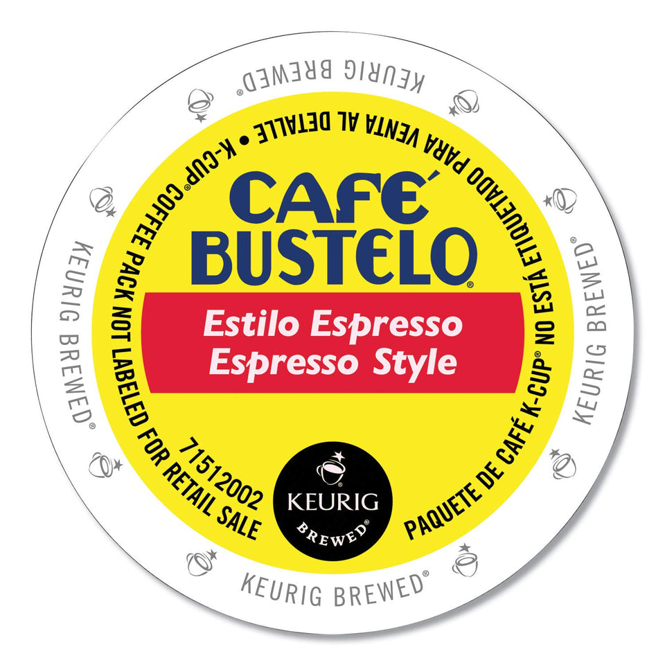 Cafe Bustelo espresso-style K-Cup pods for Keurig brewers with bold aroma and rich flavor.