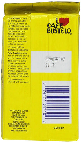 Cafe Bustelo ground coffee dark roast near an espresso cup for bold flavor.