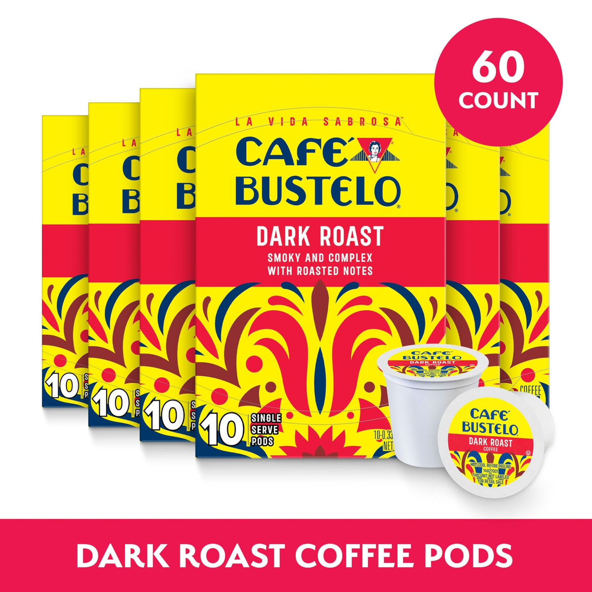Cafe Bustelo K-Cup compatible pods for fast Keurig brewing.