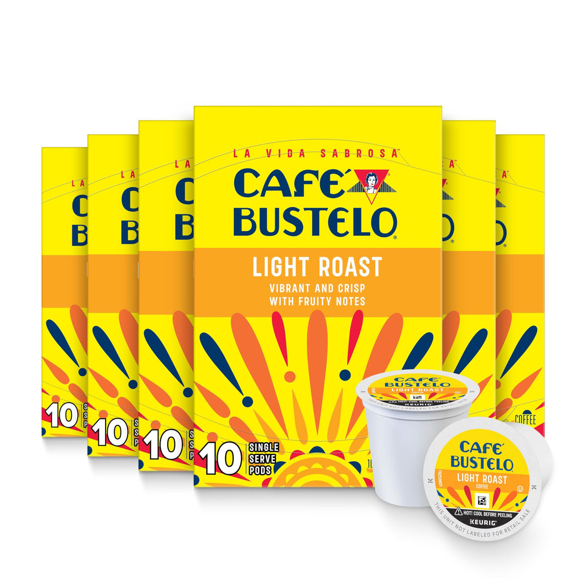 Cafe Bustelo light roast pods boxes showcase convenient single serve brewing for busy mornings.