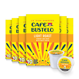 Cafe Bustelo light roast pods boxes showcase convenient single serve brewing for busy mornings.