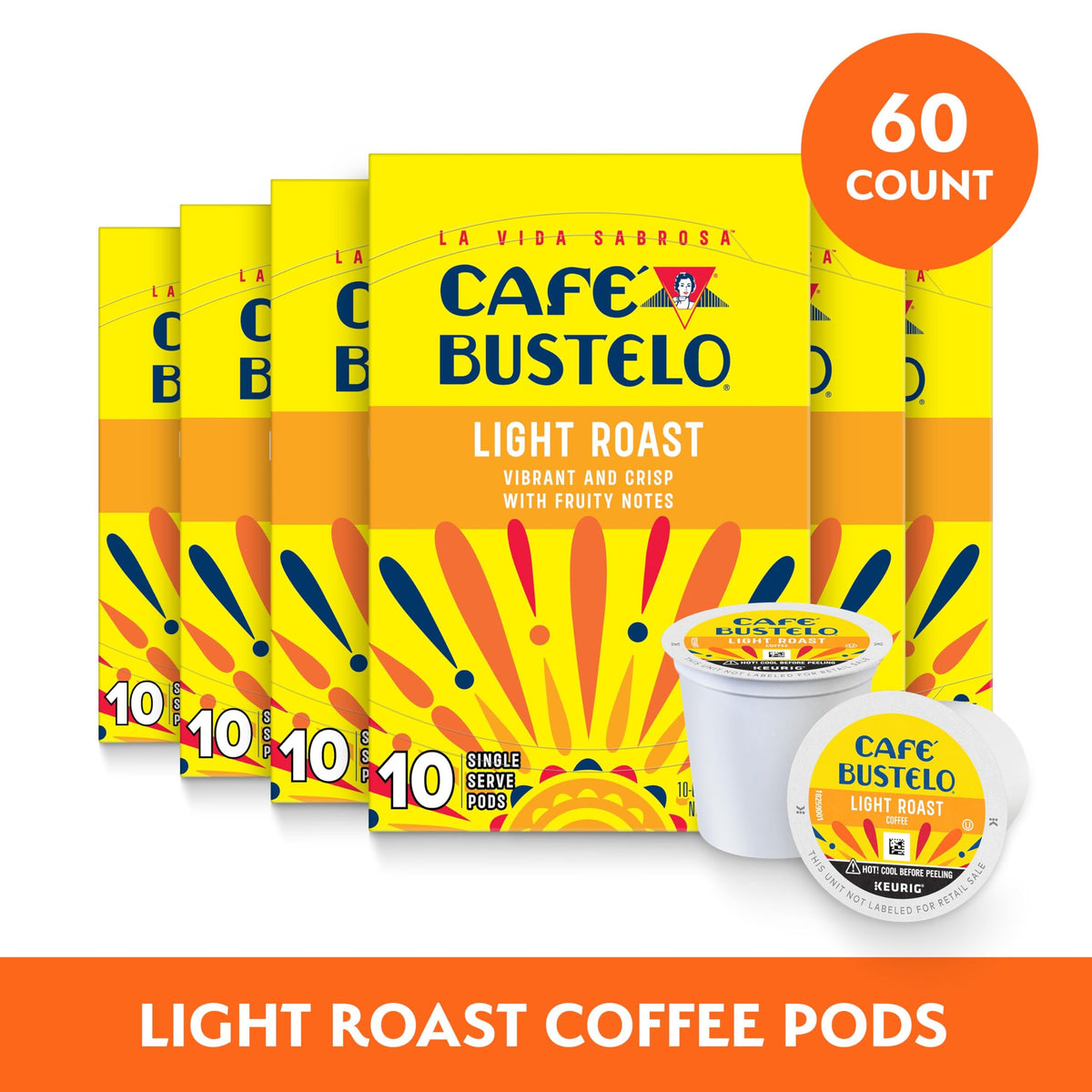 Cafe Bustelo light roast pod packaging highlights six-box, 60-count value.