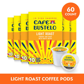 Cafe Bustelo light roast pod packaging highlights six-box, 60-count value.