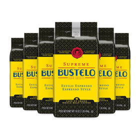 Cafe Bustelo Supreme six-pack of whole-bean coffee for bold espresso-style brews.