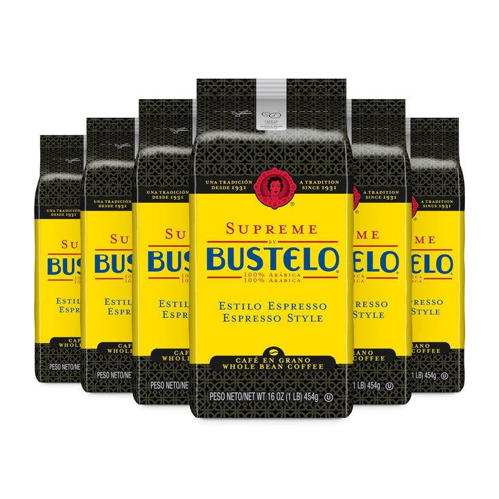 Cafe Bustelo Supreme six-pack of whole-bean coffee for bold espresso-style brews.