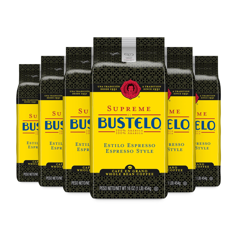 Cafe Bustelo Supreme six-pack of whole-bean coffee for bold espresso-style brews.