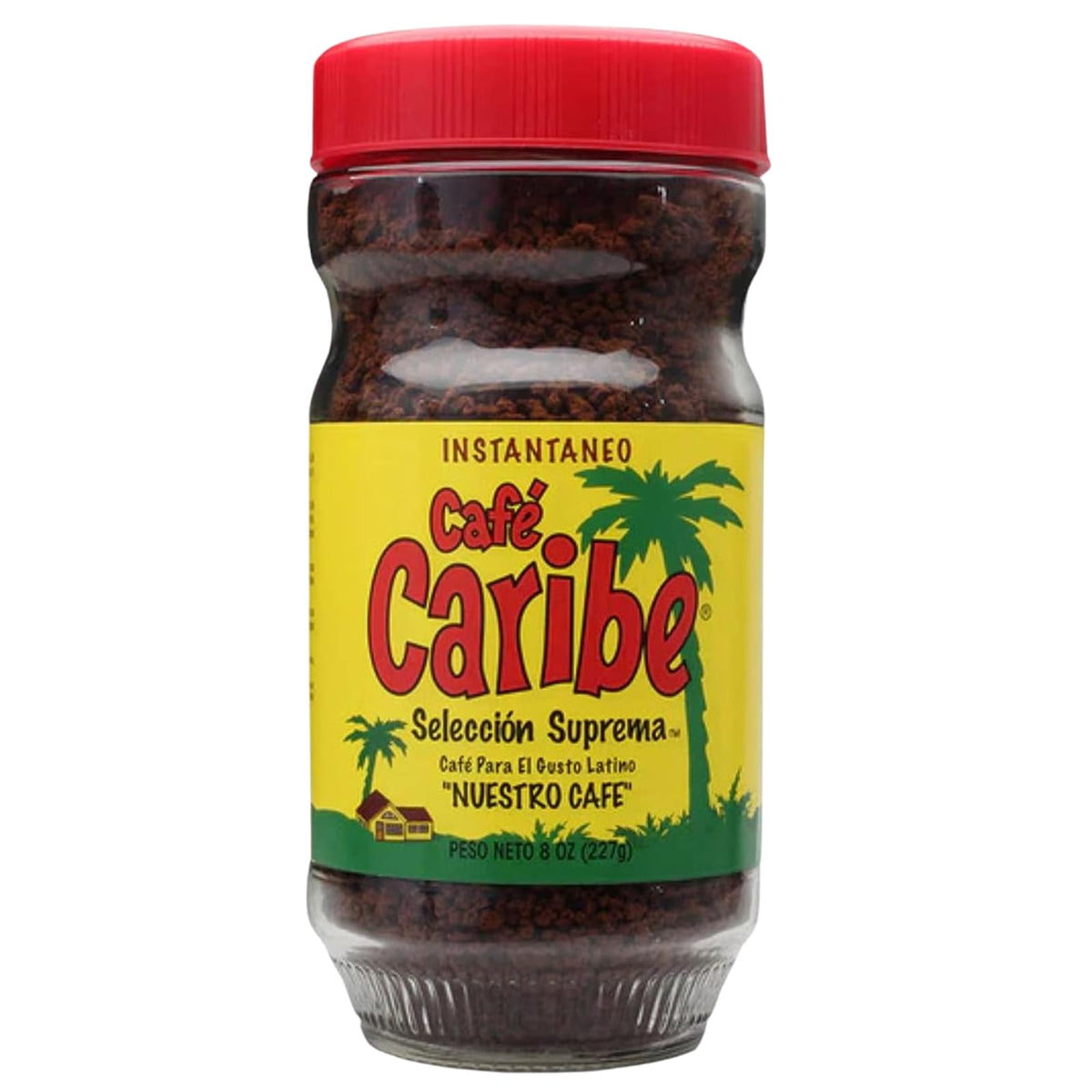 Cafe Caribe dark roast instant espresso in resealable jar highlighting rich aroma and convenience.