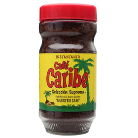 Cafe Caribe dark roast instant espresso in resealable jar highlighting rich aroma and convenience.