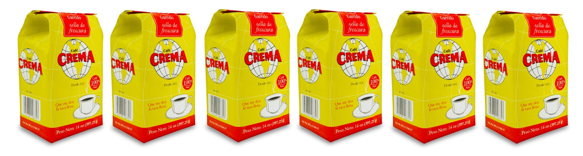 Cafe Crema ground Puerto Rican coffee six-bags-pack on display for home brewing.
