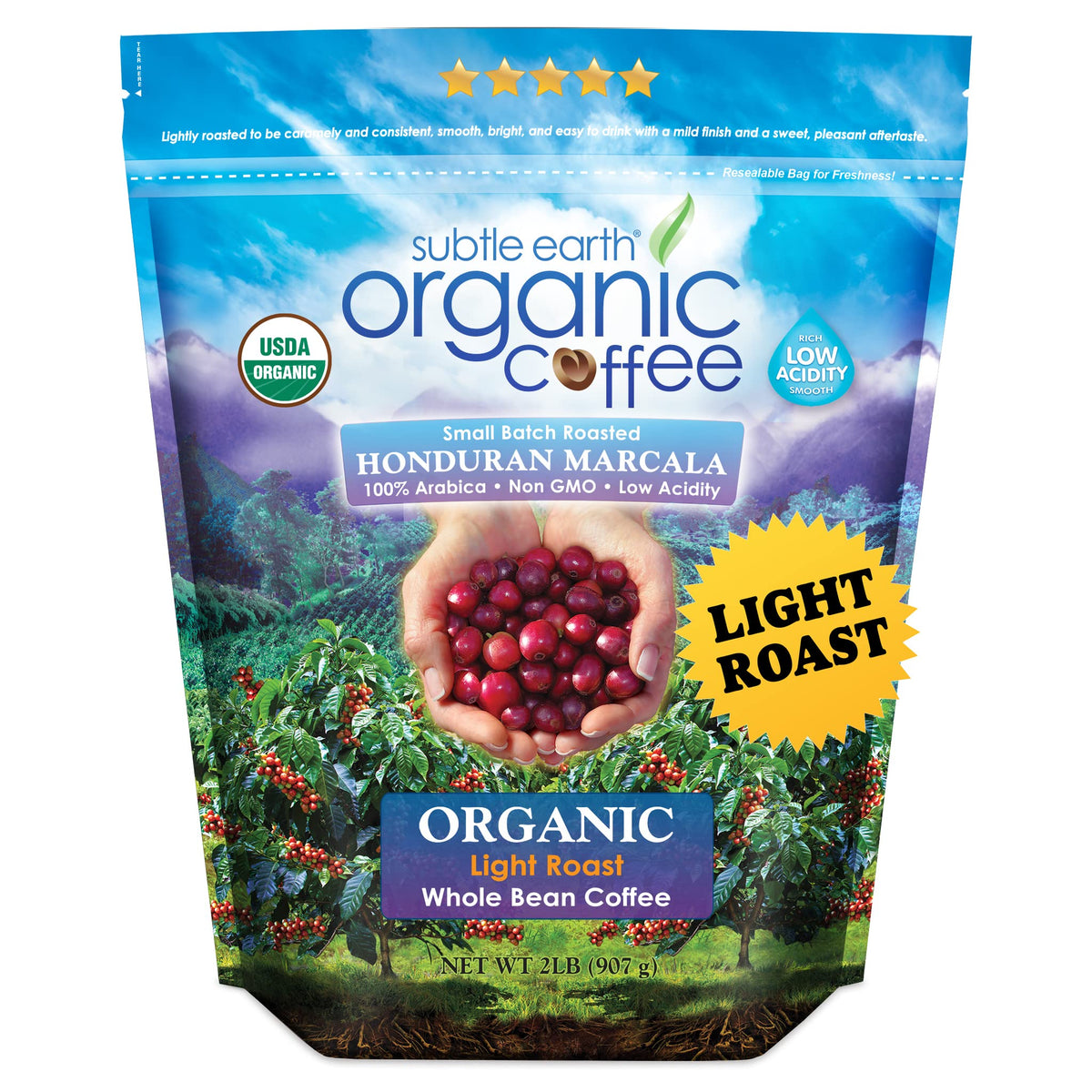Cafe Don Pablo Subtle Earth 2lb bag on shelf highlighting organic, low-acidity blend for daily brewing.