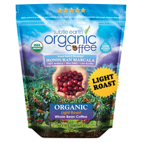 Cafe Don Pablo Subtle Earth 2lb bag on shelf highlighting organic, low-acidity blend for daily brewing.