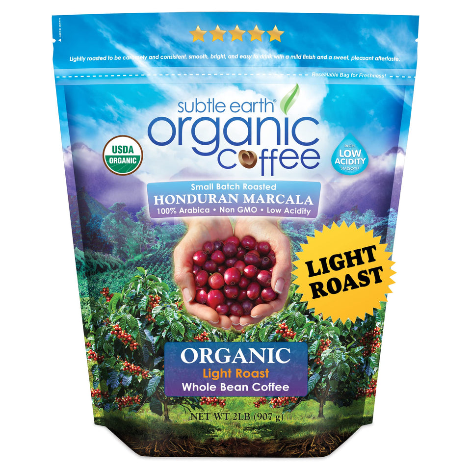 Cafe Don Pablo Subtle Earth 2lb bag on shelf highlighting organic, low-acidity blend for daily brewing.