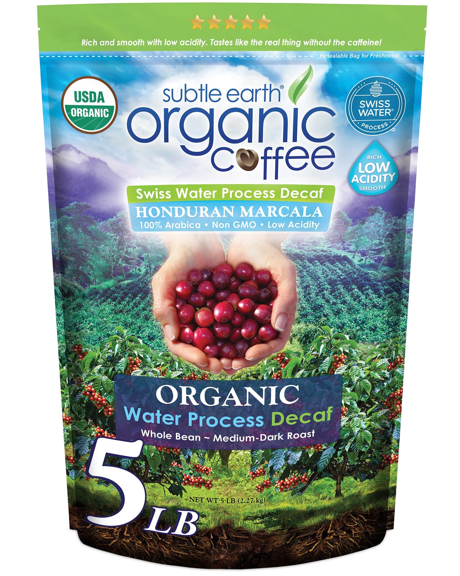 Cafe Don Pablo Subtle Earth Decaf 5lb bag front view, rich aroma for everyday enjoyment.