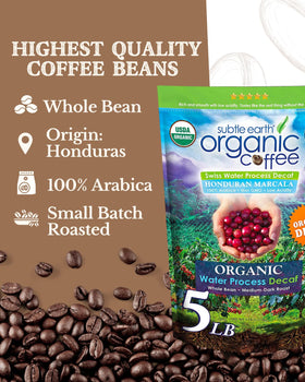 Cafe Don Pablo Subtle Earth Decaf beans close-up showing premium organic flavor with low acidity.