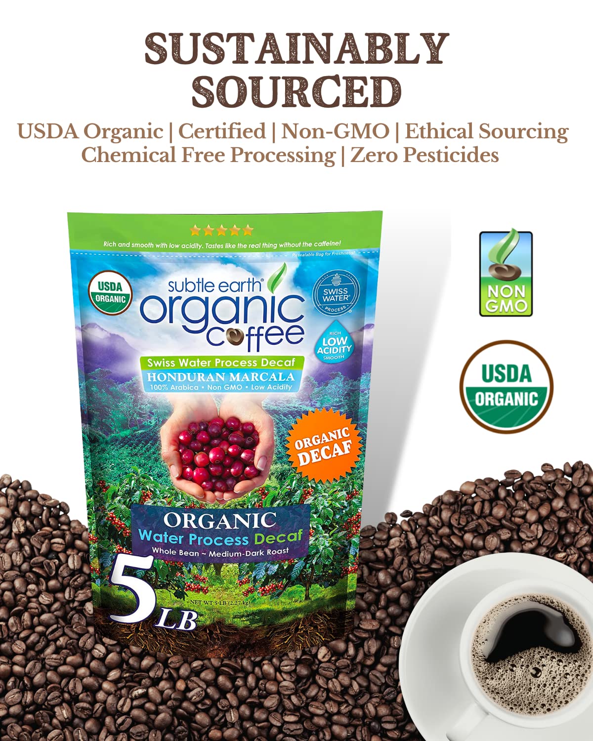 Cafe Don Pablo Subtle Earth Decaf brew cup with inviting aroma and smooth profile.