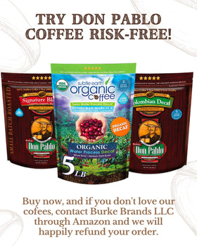 Cafe Don Pablo Subtle Earth Decaf label confirms organic certification and ethical sourcing.