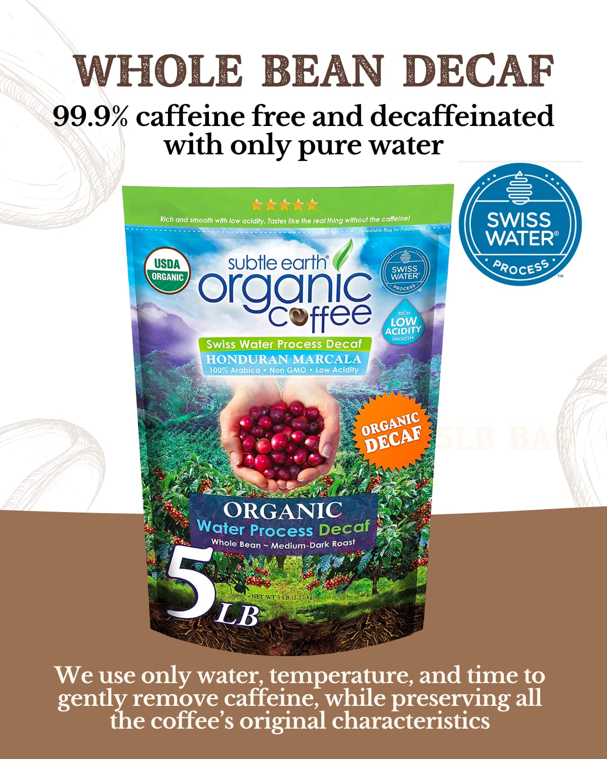 Cafe Don Pablo Subtle Earth Decaf roasted beans reveal a medium dark roast finish.