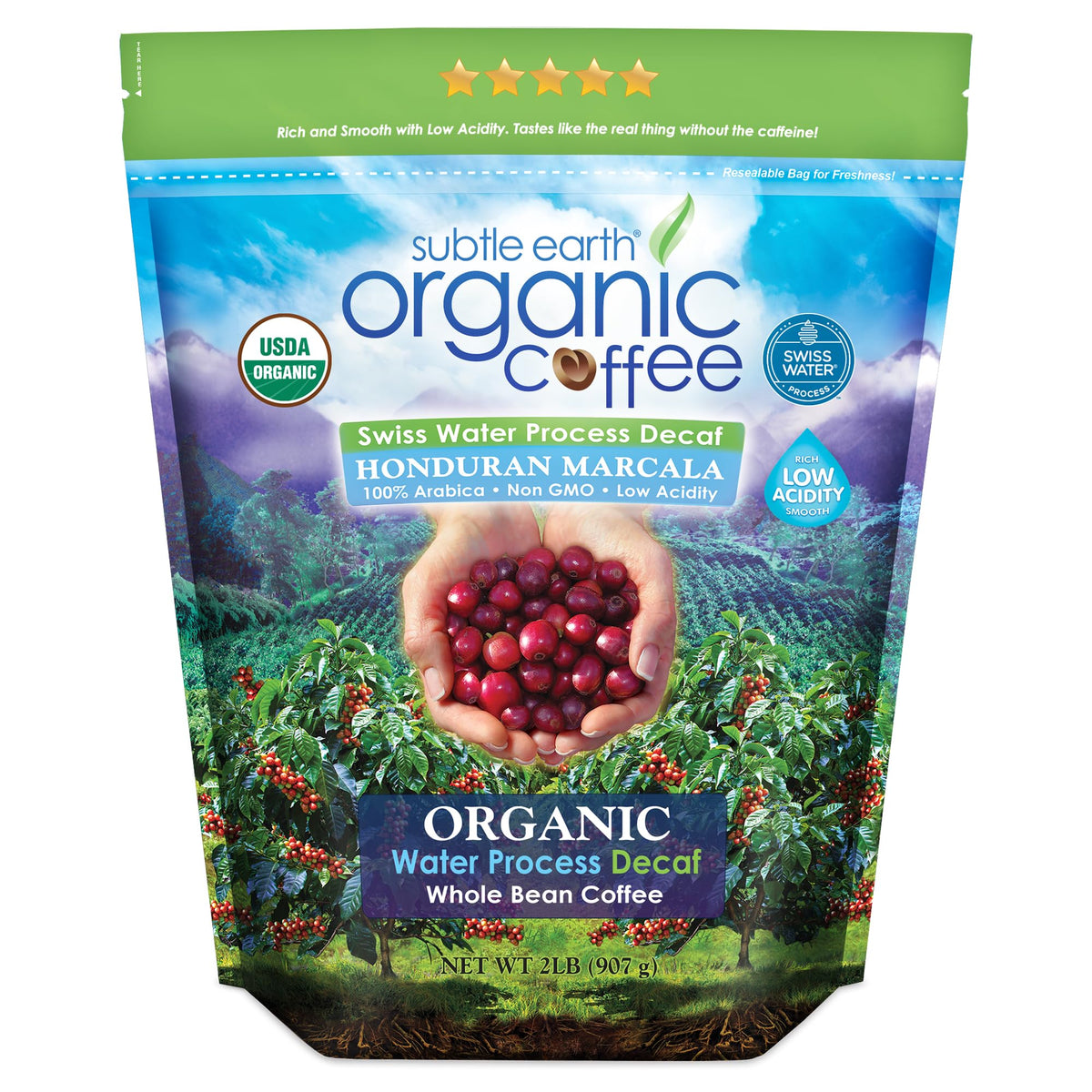 Cafe Don Pablo Subtle Earth decaf beans offer rich aroma and low-acidity brew.