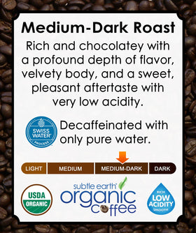 Cafe Don Pablo Subtle Earth decaf grind display reveals a medium-dark roast and depth.