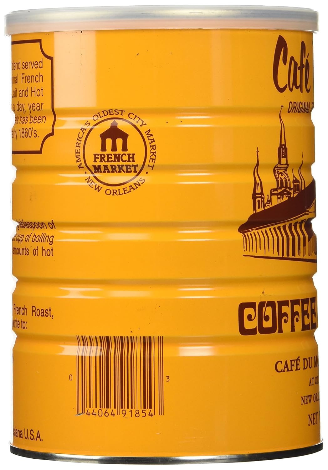 Cafe Du Monde chicory coffee tin side, rich full-bodied profile