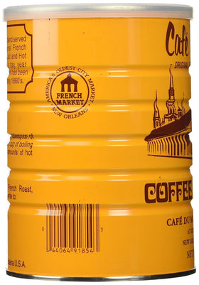 Cafe Du Monde chicory coffee tin side, rich full-bodied profile
