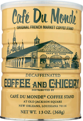 Cafe Du Monde Chicory Decaf Coffee bag ready for brewing and rich aroma.