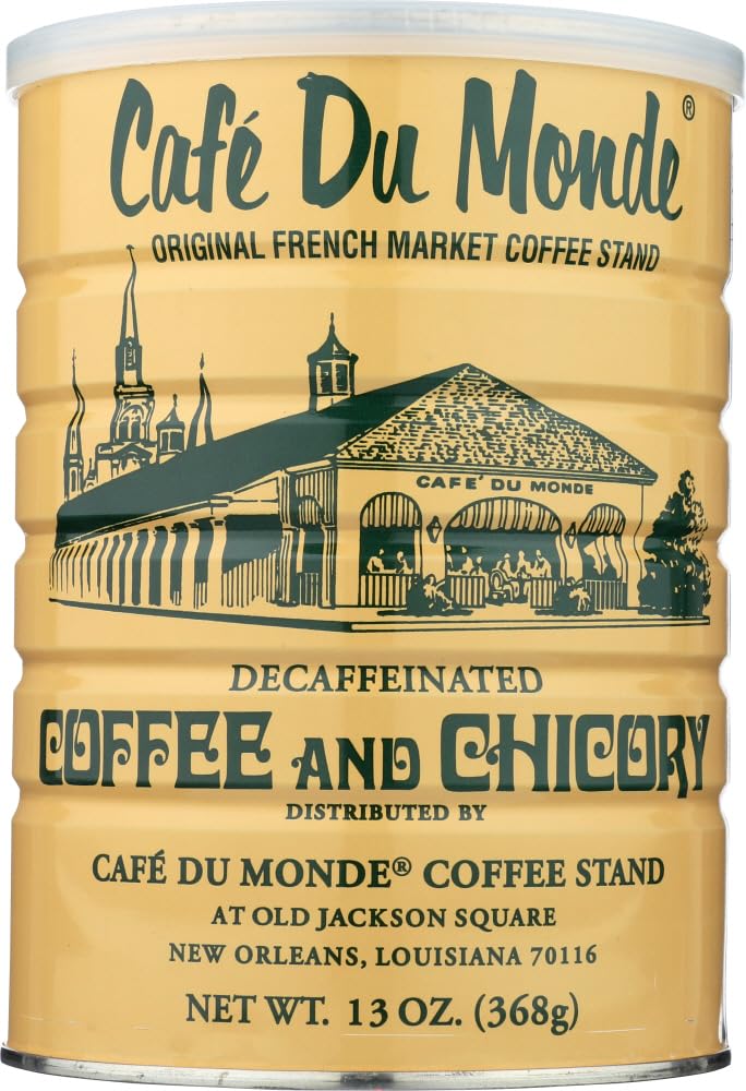Cafe Du Monde Chicory Decaf Coffee bag ready for brewing and rich aroma.