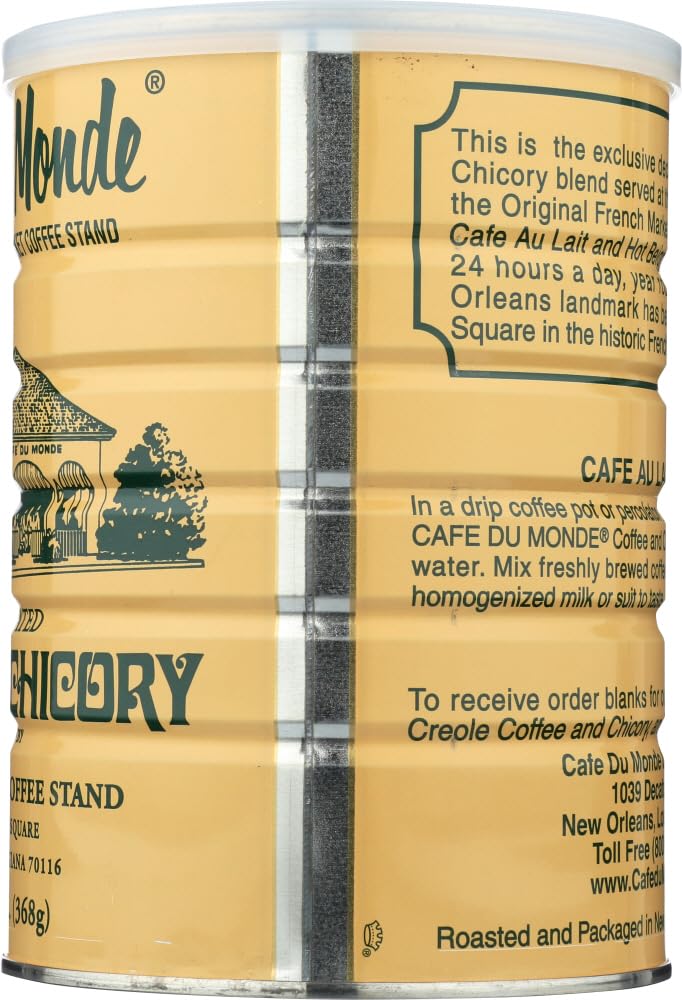 Cafe Du Monde Chicory Decaf Coffee packaging shows two-pack convenience.