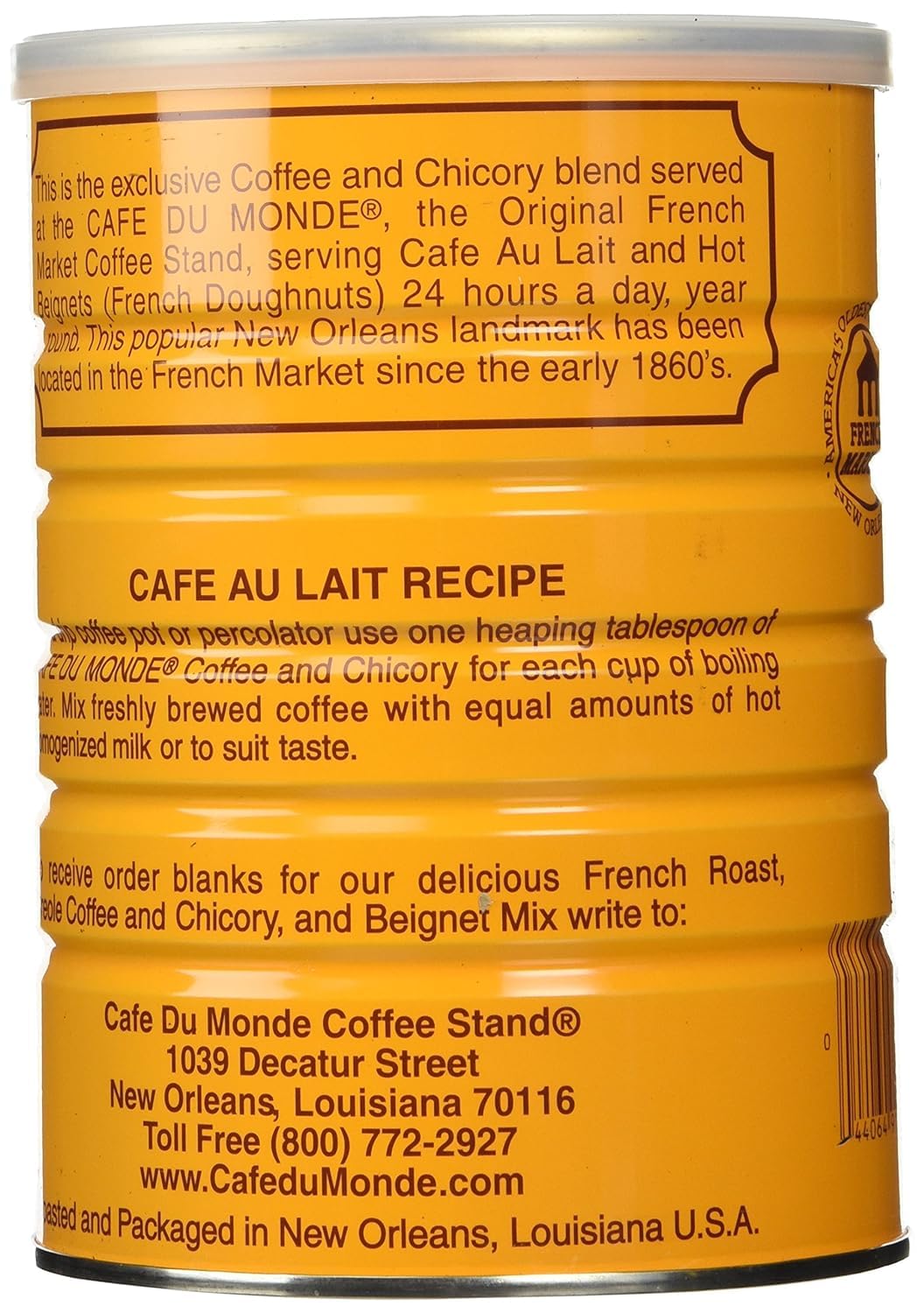 Cafe Du Monde coffee with chicory label closeup, classic packaging
