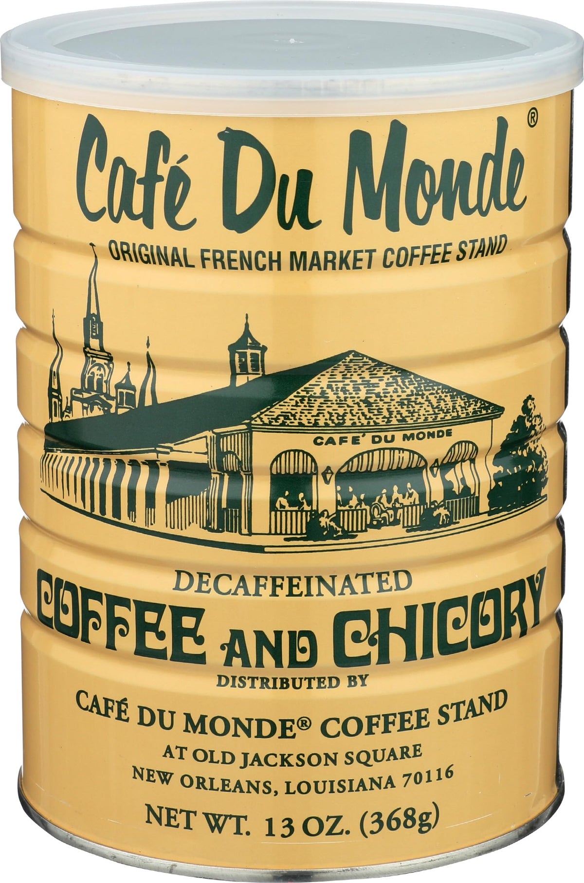 Cafe Du Monde decaf coffee chicory can with rich aroma and smooth flavor.