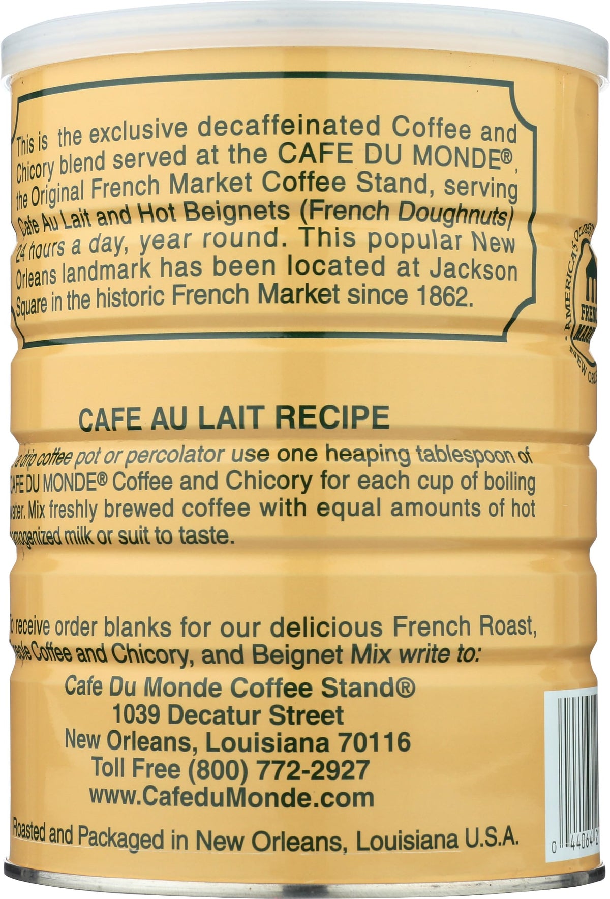 Cafe Du Monde regular coffee chicory can delivers bold notes for cafe au lait.