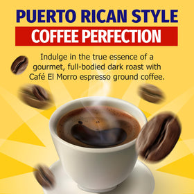 Cafe El Morro dark roast espresso ground coffee brewed cup showcasing bold flavor